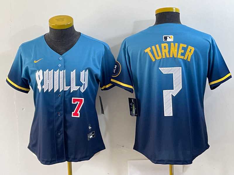 Women%27s Philadelphia Phillies #7 Trea Turner Number Blue 2024 City Connect Limited Stitched Jersey